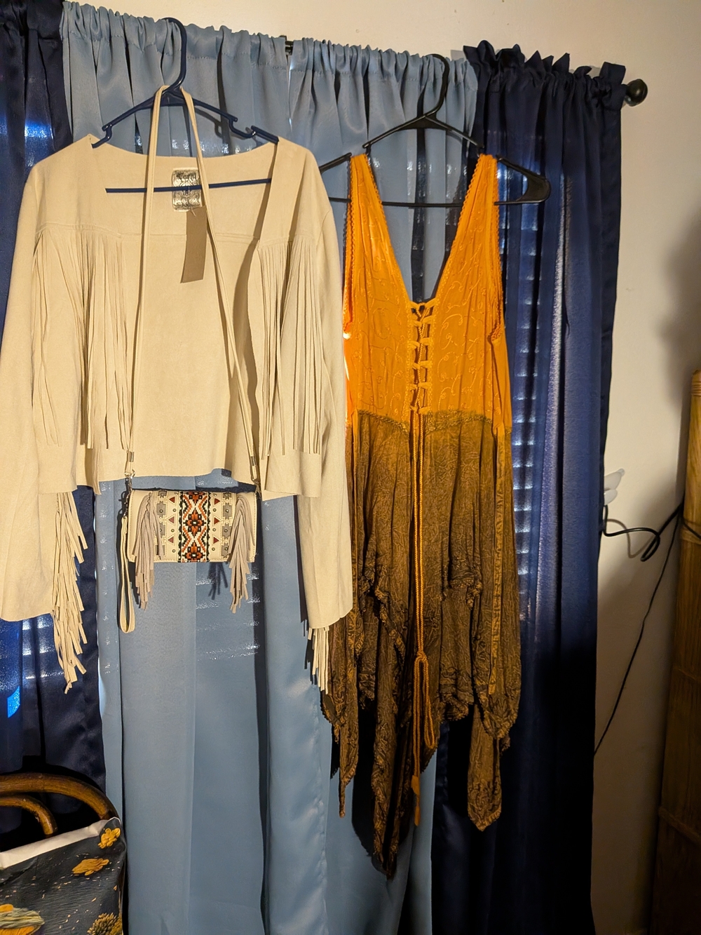 Bohemian Gradient Lace-Up Dress in Mustard and Brown W/ White Suede Jacket& Purs